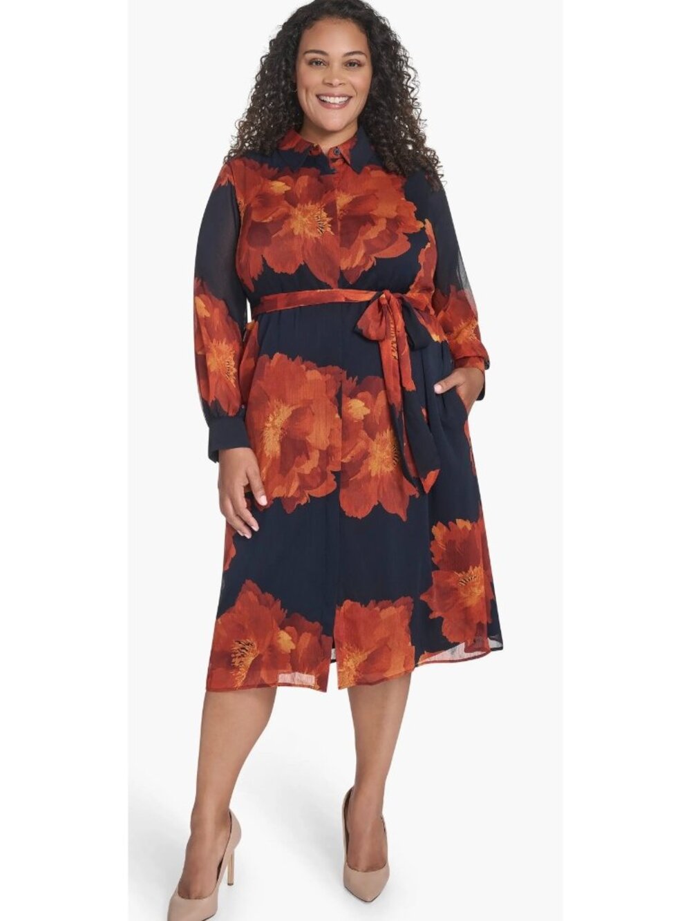 CALVIN KLEIN Navy + Orange Floral Sheer Sleeve Chiffon Midi Shirt Dress NWT 22W